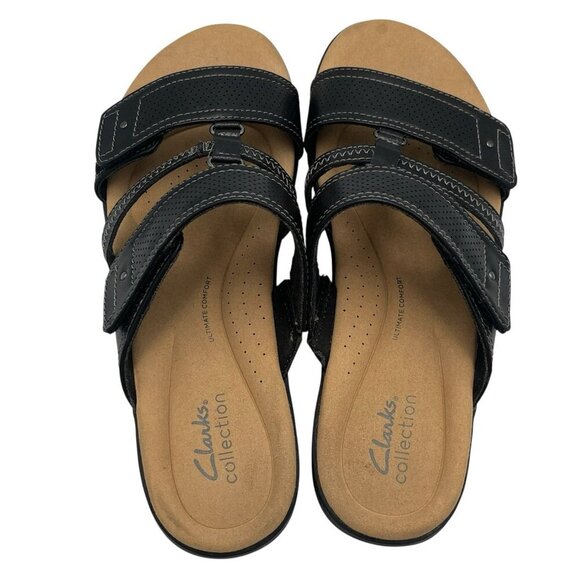 Clarks Elizabelle Ave Women Flat Slide Sandals Black Leather Adjustable Size 9.5 - Picture 3 of 8